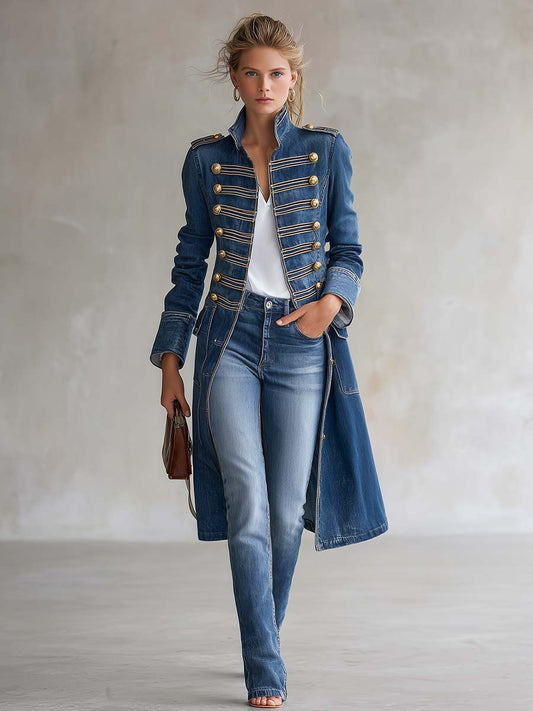Capucine | Manteau Long en Jean Cintré Style Militaire à Boutons Dorés
