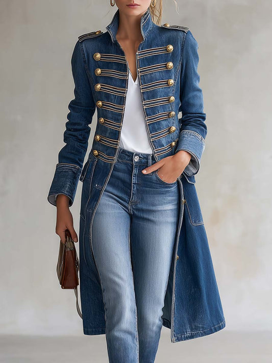 Capucine | Manteau Long en Jean Cintré Style Militaire à Boutons Dorés