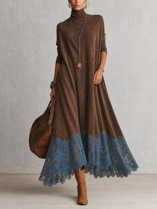 Perrine | Robe Longue Effet Daim à Ourlet en Dentelle