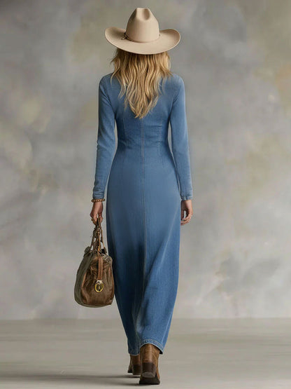 Agathe | Robe Maxi en Jean à Col V, Bouton Unique, Fente Latérale et Manches Longues