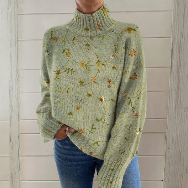 Delphine | Pull Col Roulé Fleuri Brodé