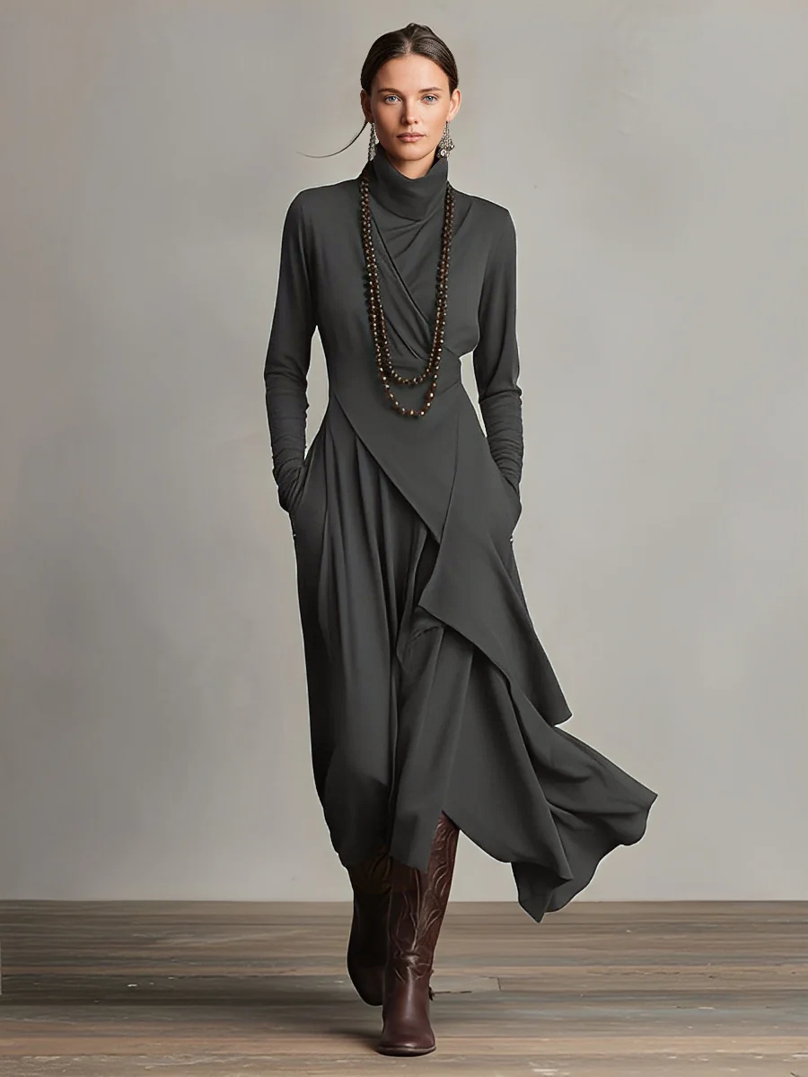 Édith - Robe Maxi Bohème en Coton à Col Montant et Drapé Asymétrique