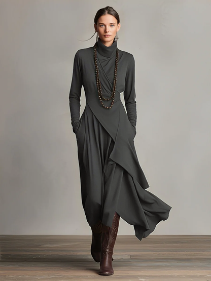 Édith - Robe Maxi Bohème en Coton à Col Montant et Drapé Asymétrique