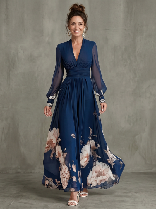 Cerise - Robe Maxi à Manches Plissées Transparentes
