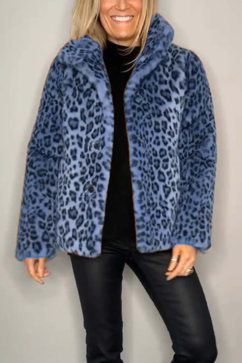 Marie-Inès - Manteau Mi-long en Fausse Fourrure Léopard à Revers