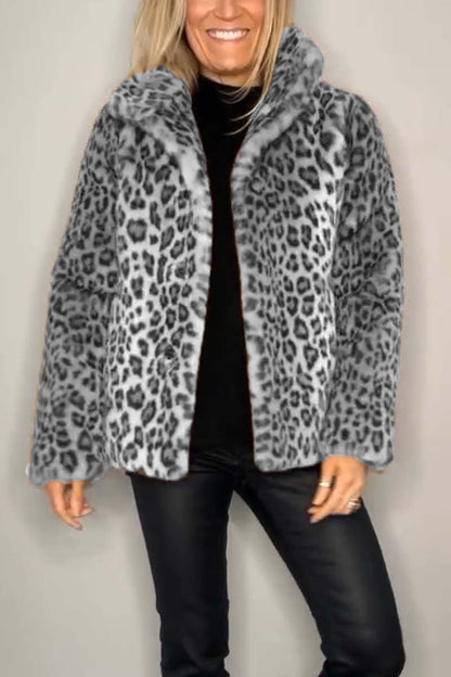 Marie-Inès - Manteau Mi-long en Fausse Fourrure Léopard à Revers