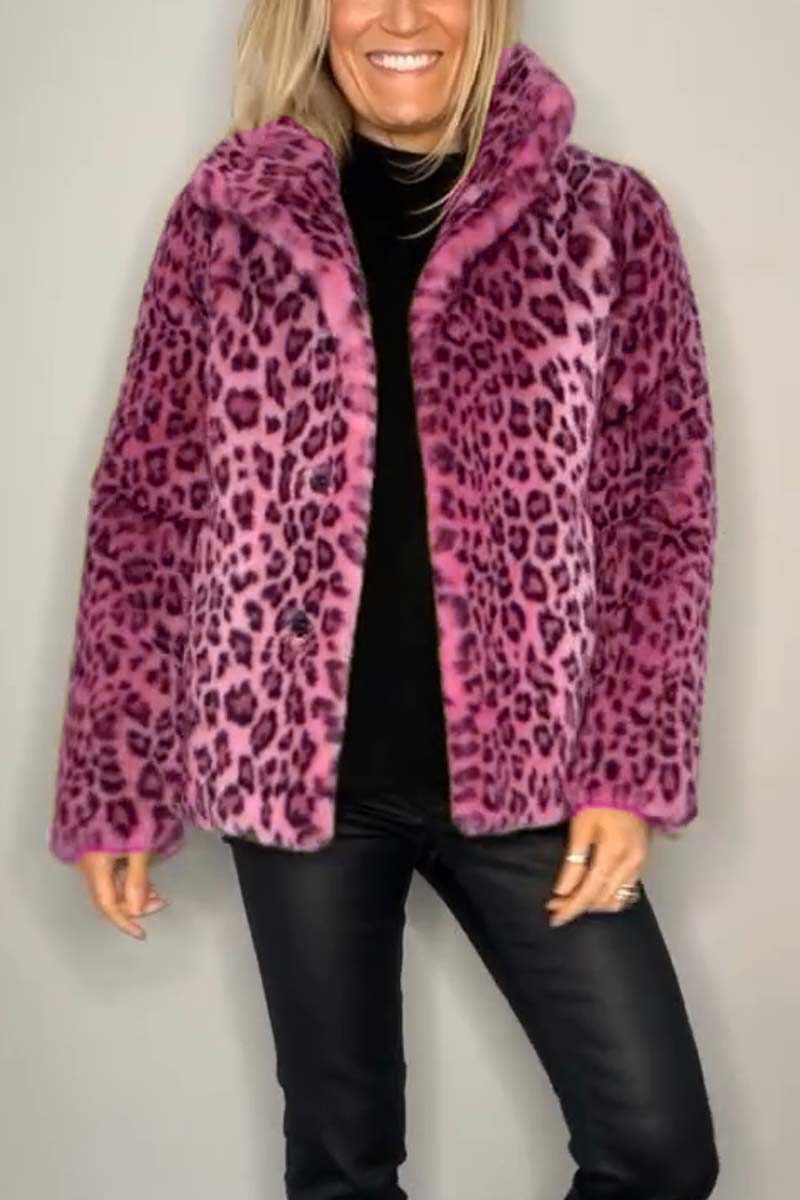 Marie-Inès - Manteau Mi-long en Fausse Fourrure Léopard à Revers