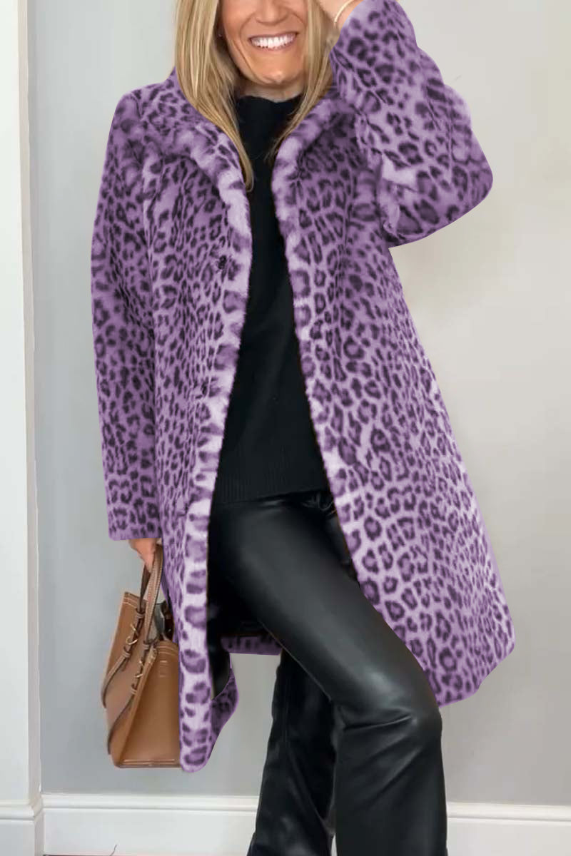 Marie-Inès - Manteau Mi-long en Fausse Fourrure Léopard à Revers