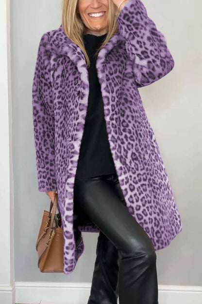 Marie-Inès - Manteau Mi-long en Fausse Fourrure Léopard à Revers