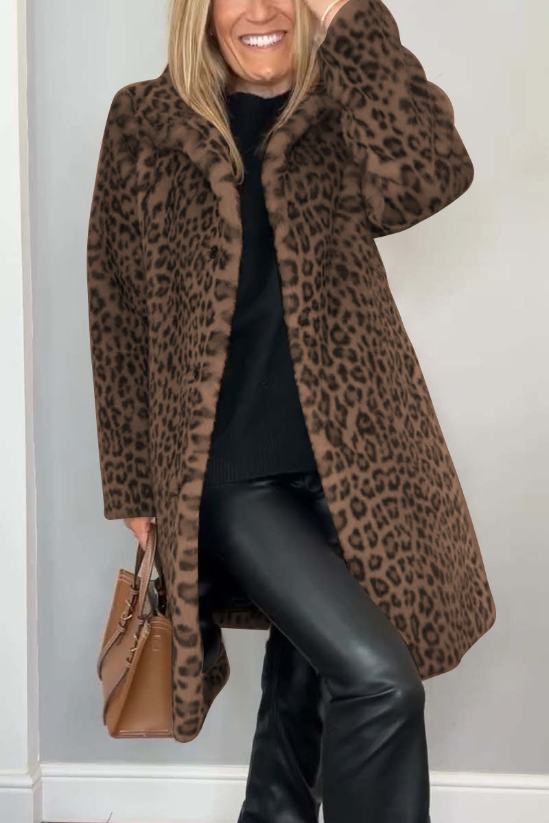 Marie-Inès - Manteau Mi-long en Fausse Fourrure Léopard à Revers