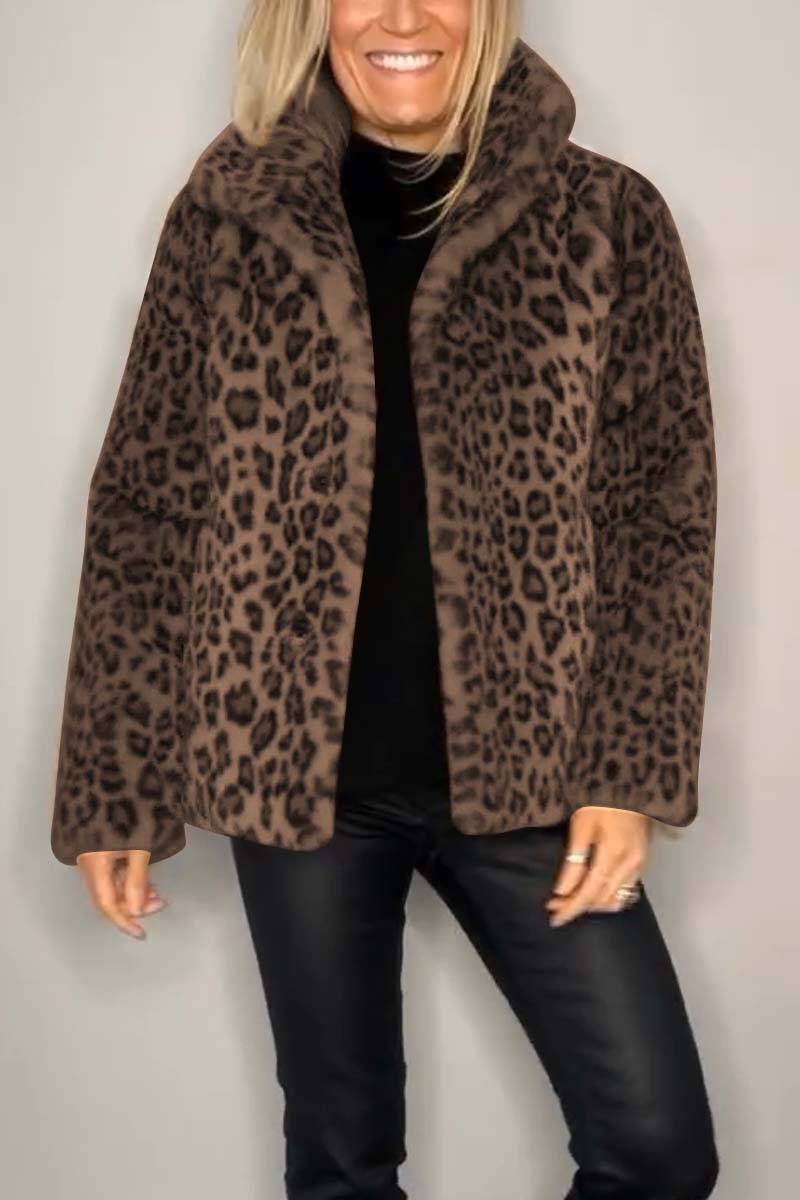 Marie-Inès - Manteau Mi-long en Fausse Fourrure Léopard à Revers