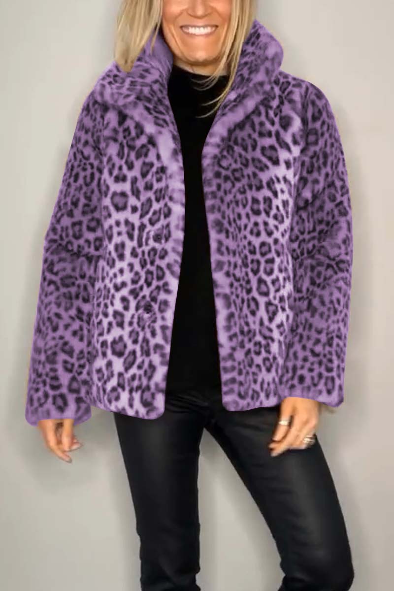 Marie-Inès - Manteau Mi-long en Fausse Fourrure Léopard à Revers