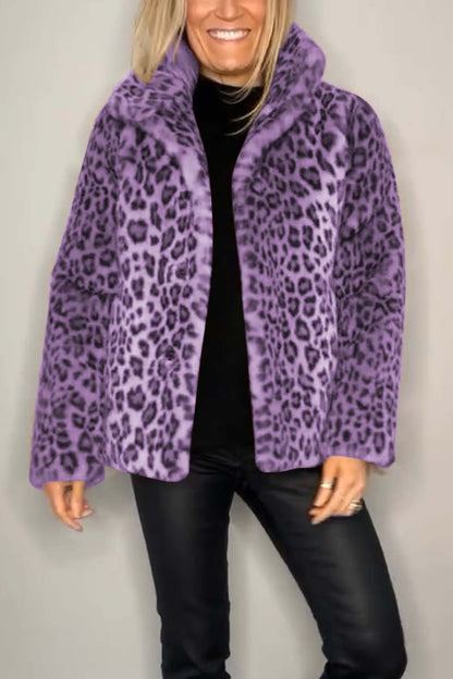 Marie-Inès - Manteau Mi-long en Fausse Fourrure Léopard à Revers