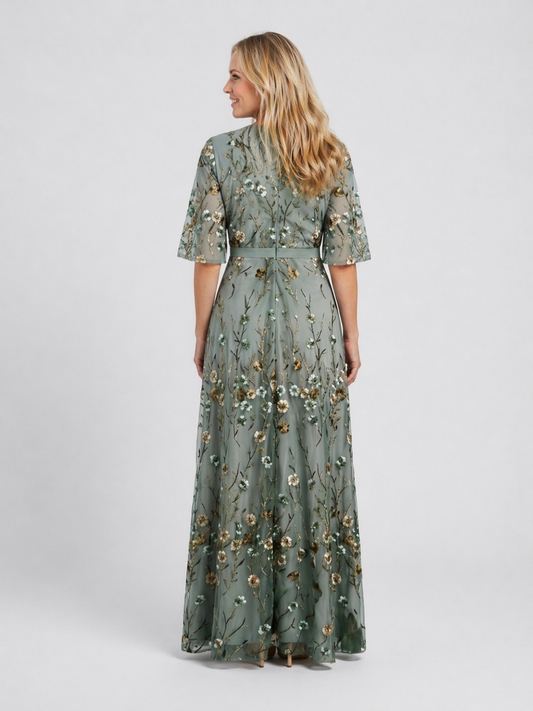 Émilie | Robe Maxi Fleurie, Manches Courtes