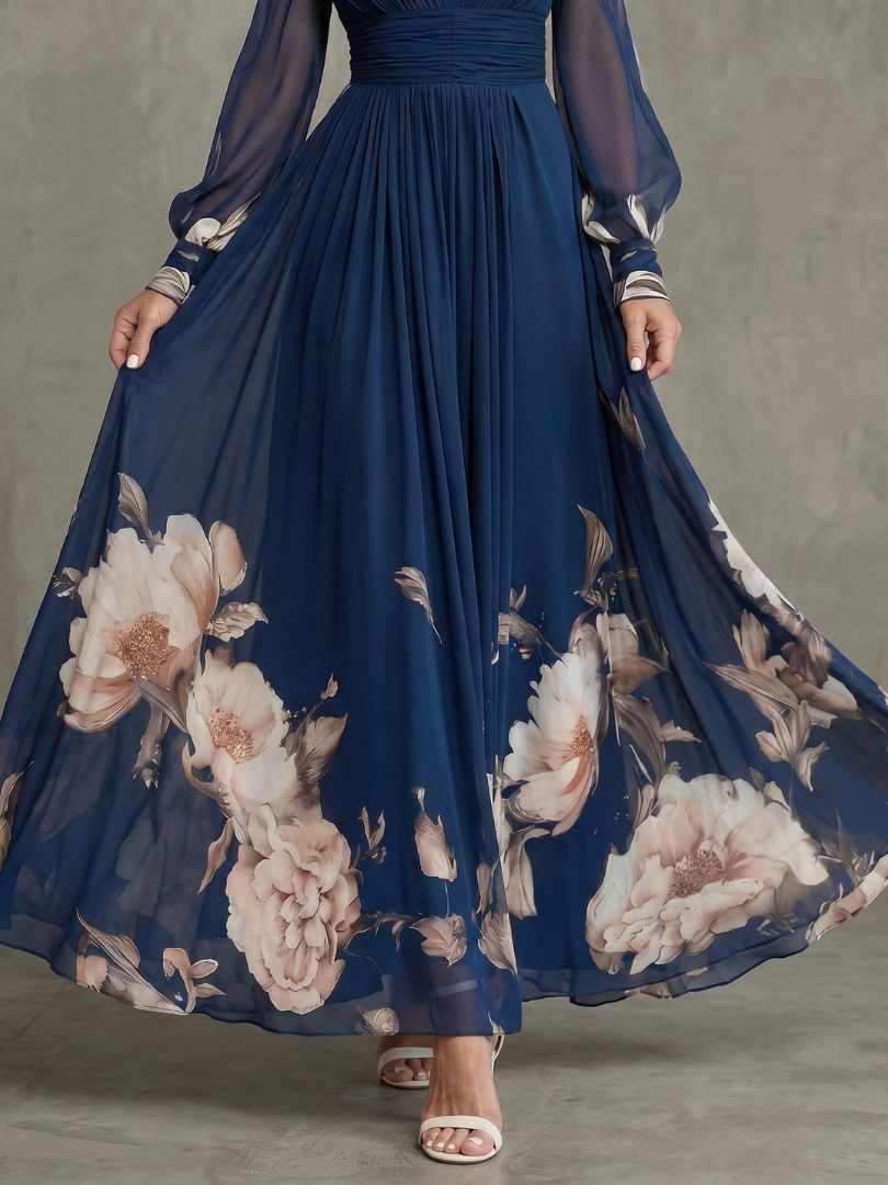 Cerise - Robe Maxi à Manches Plissées Transparentes