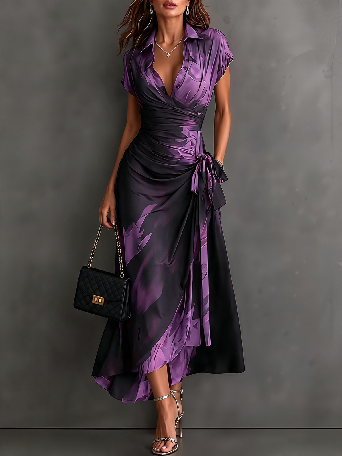 Honorée - Robe Midi Croisée à Imprimé Abstrait, Col V, Manches Courtes, Ceinture et Ourlet Asymétrique à Volant