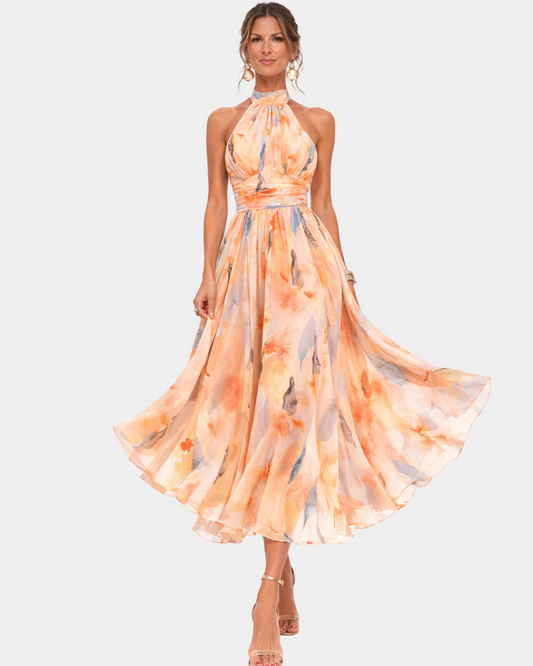 Louna | Robe à Col Halter et Imprimé Aquarelle
