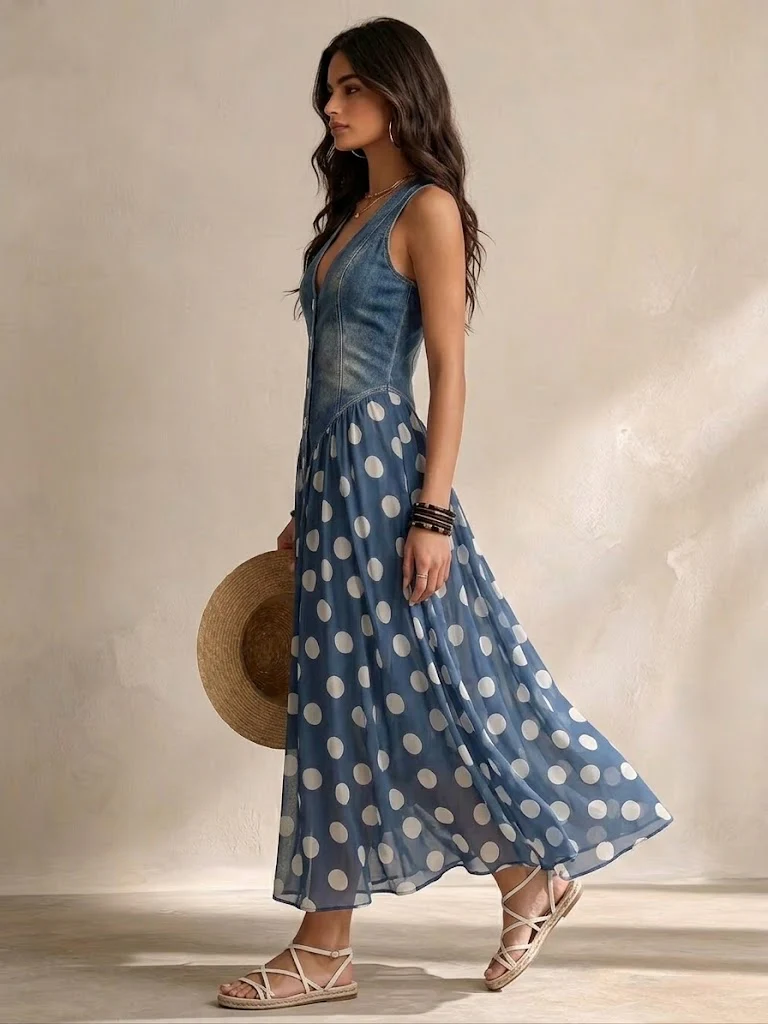 Gwenola - Robe Longue en Jean à Pois
