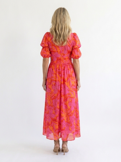 Salomé | Robe midi fleurie à manches bouffantes et col en V