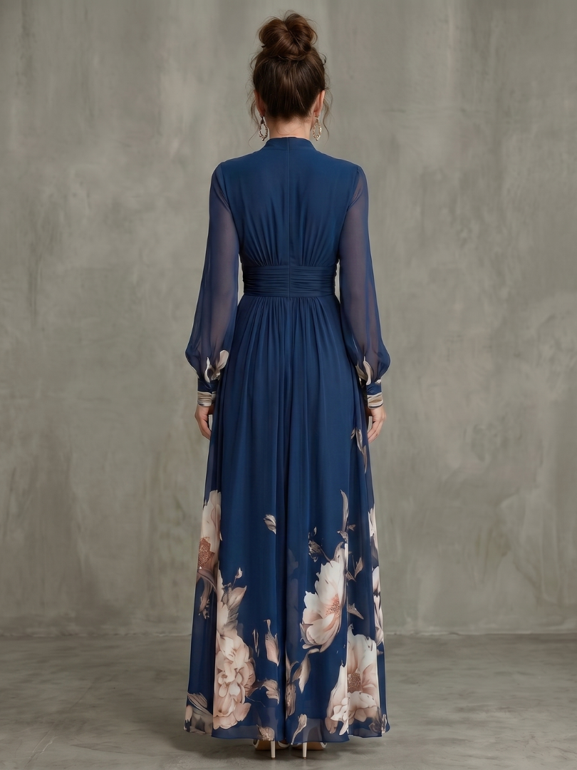 Cerise - Robe Maxi à Manches Plissées Transparentes