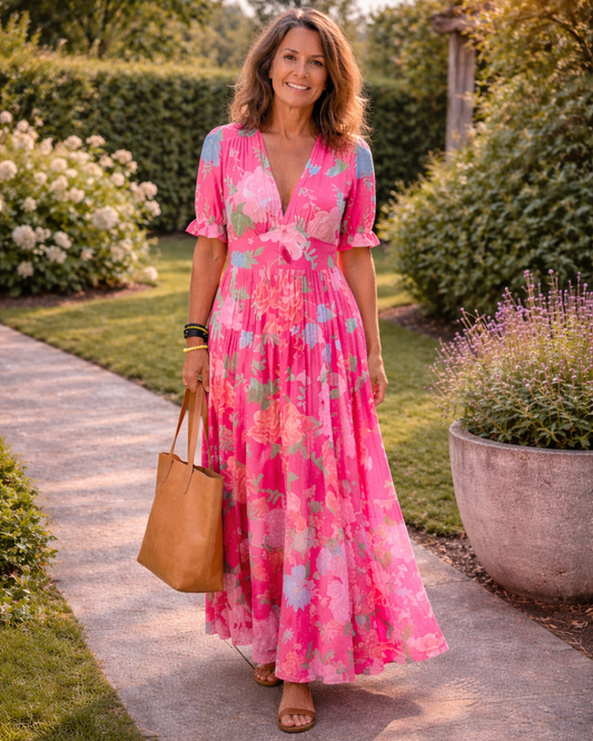 Ione | Robe midi fleurie à manches courtes et col en V
