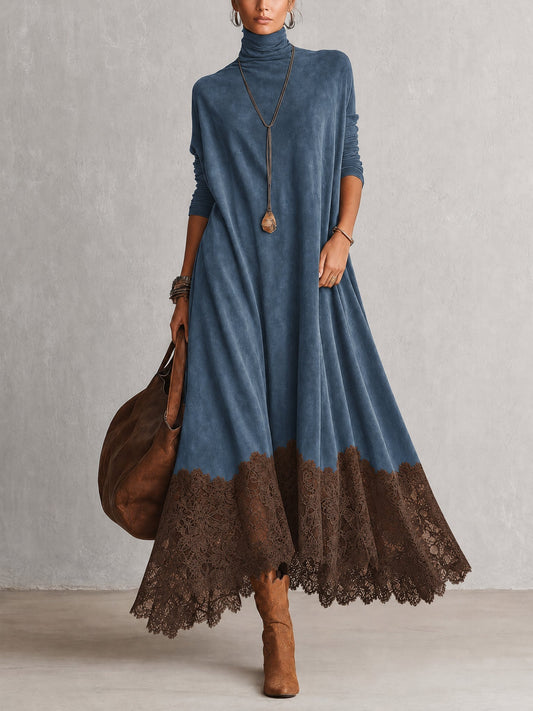Pétronille | Robe Longue Effet Daim à Ourlet en Dentelle