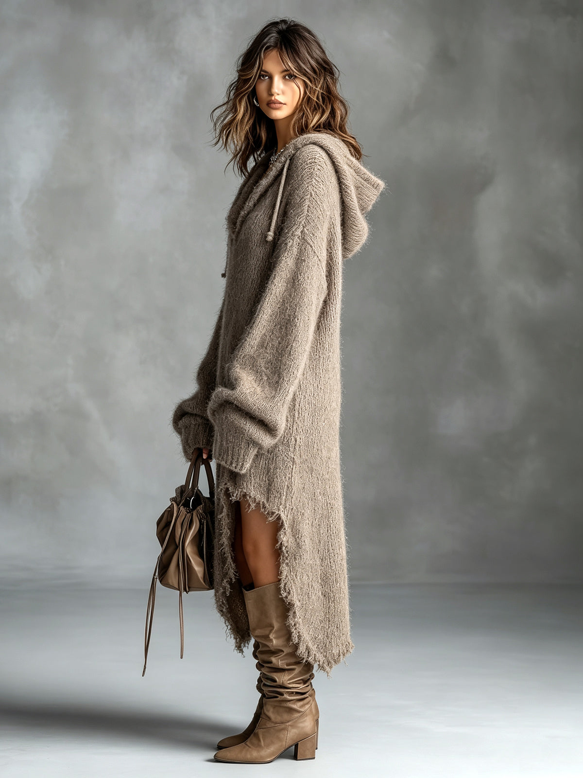 Améline - Robe Midi en Maille Duveteuse à Capuche
