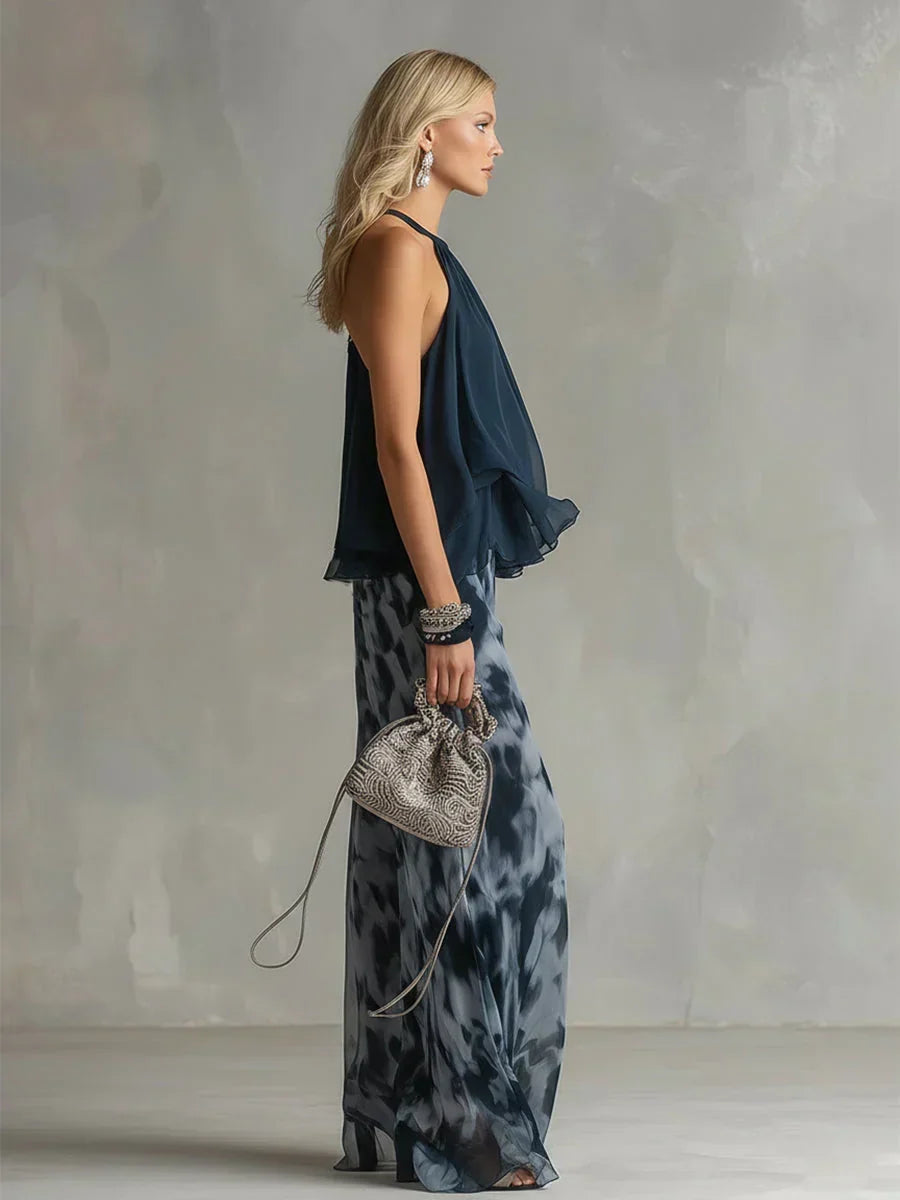 Ludivine – Ensemble Élégant en Mousseline avec Top Col Haut et Pantalon Large Imprimé