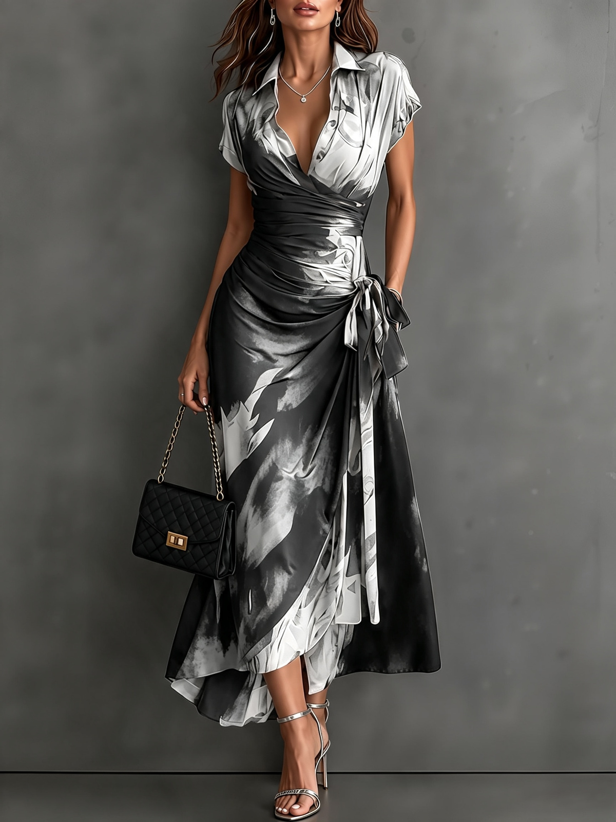 Honorée - Robe Midi Croisée à Imprimé Abstrait, Col V, Manches Courtes, Ceinture et Ourlet Asymétrique à Volant