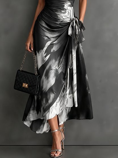 Honorée - Robe Midi Croisée à Imprimé Abstrait, Col V, Manches Courtes, Ceinture et Ourlet Asymétrique à Volant