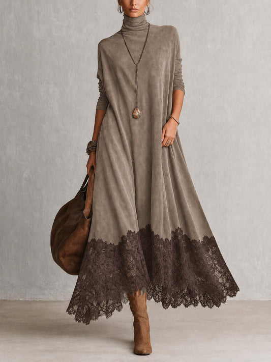 Prune | Robe Longue Effet Daim à Ourlet en Dentelle
