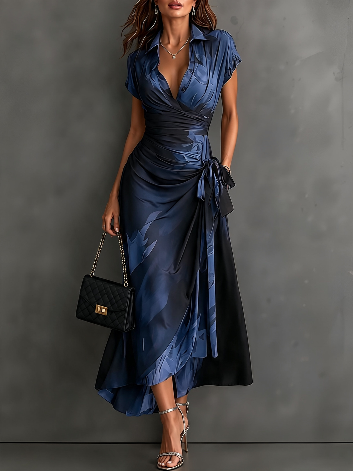 Honorée - Robe Midi Croisée à Imprimé Abstrait, Col V, Manches Courtes, Ceinture et Ourlet Asymétrique à Volant