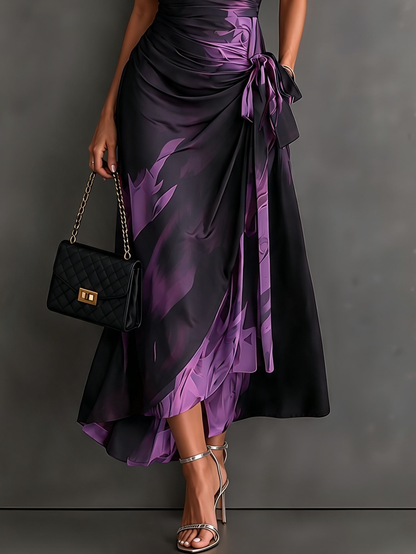 Honorée - Robe Midi Croisée à Imprimé Abstrait, Col V, Manches Courtes, Ceinture et Ourlet Asymétrique à Volant