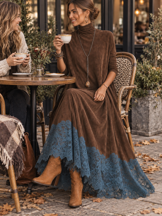 Perrine | Robe Longue Effet Daim à Ourlet en Dentelle