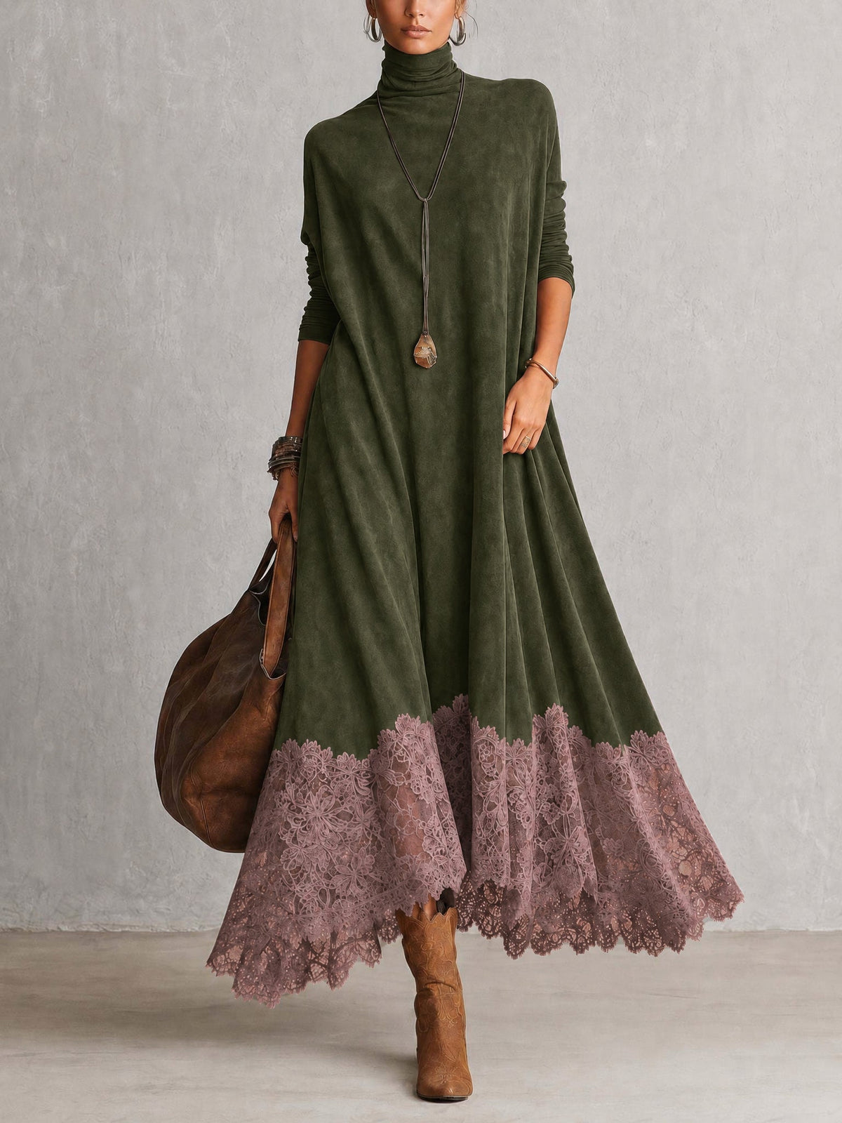 Pascaline | Robe Longue Effet Daim à Ourlet en Dentelle