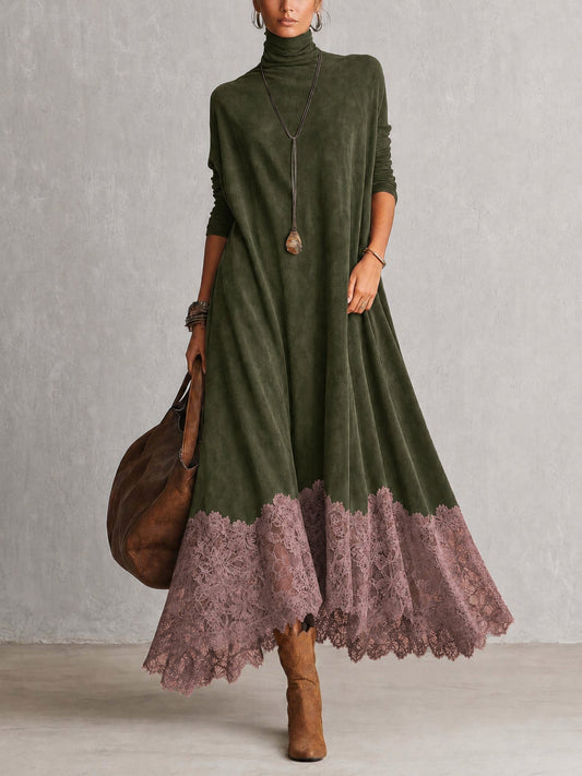 Pascaline | Robe Longue Effet Daim à Ourlet en Dentelle