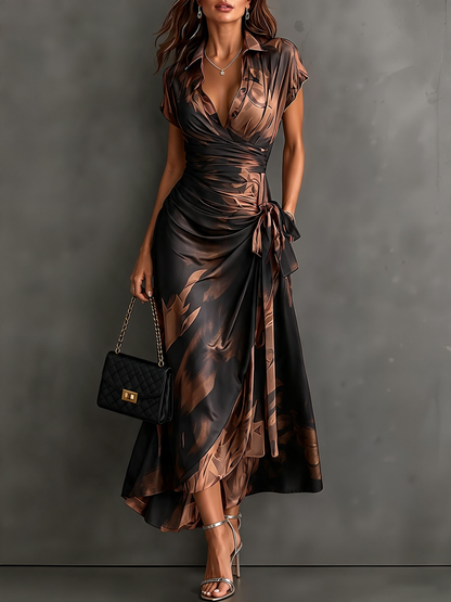 Honorée - Robe Midi Croisée à Imprimé Abstrait, Col V, Manches Courtes, Ceinture et Ourlet Asymétrique à Volant