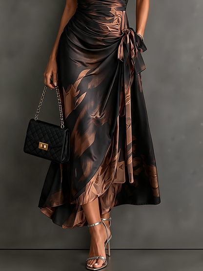 Honorée - Robe Midi Croisée à Imprimé Abstrait, Col V, Manches Courtes, Ceinture et Ourlet Asymétrique à Volant