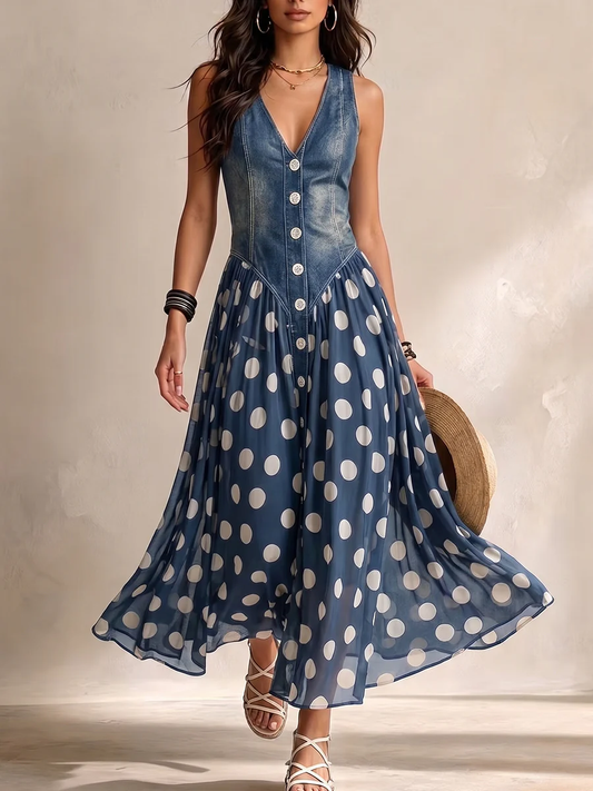 Gwenola - Robe Longue en Jean à Pois
