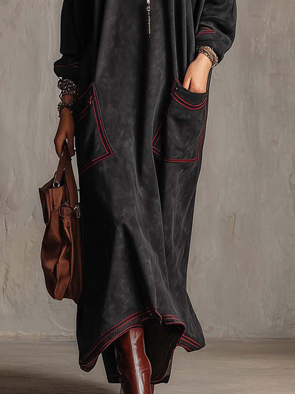 Brune - Robe Maxi Effet Daim à Surpiqûres Rouges Contrastées et Poches Plaquées