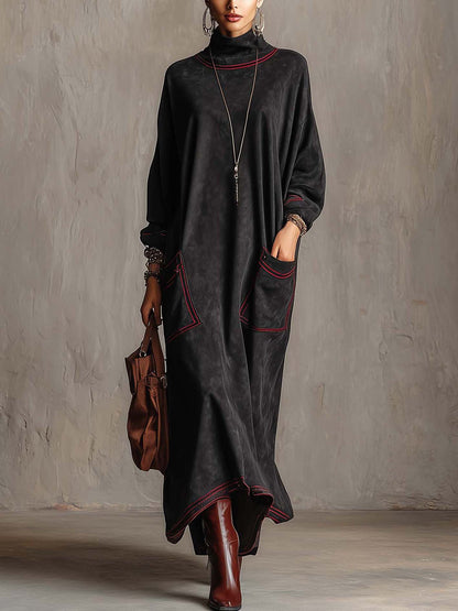 Brune - Robe Maxi Effet Daim à Surpiqûres Rouges Contrastées et Poches Plaquées