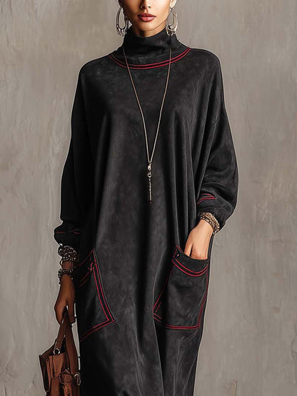 Brune - Robe Maxi Effet Daim à Surpiqûres Rouges Contrastées et Poches Plaquées