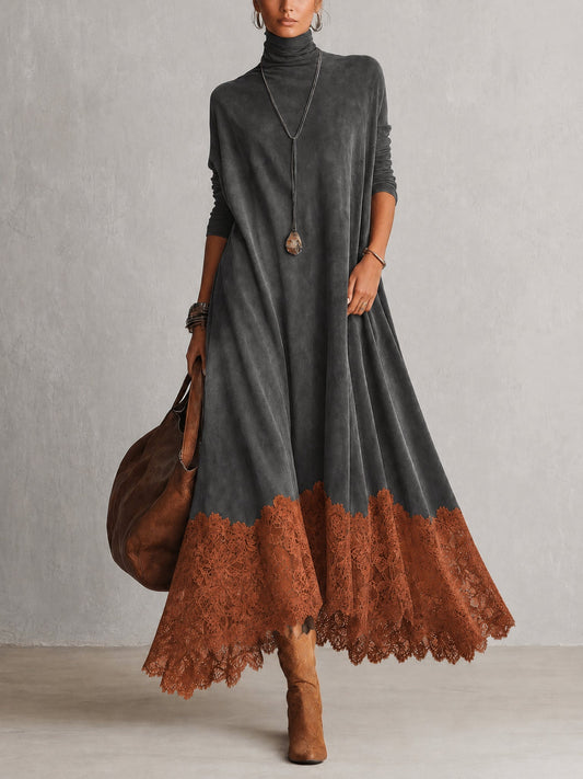 Pénélope | Robe Longue Effet Daim à Ourlet en Dentelle