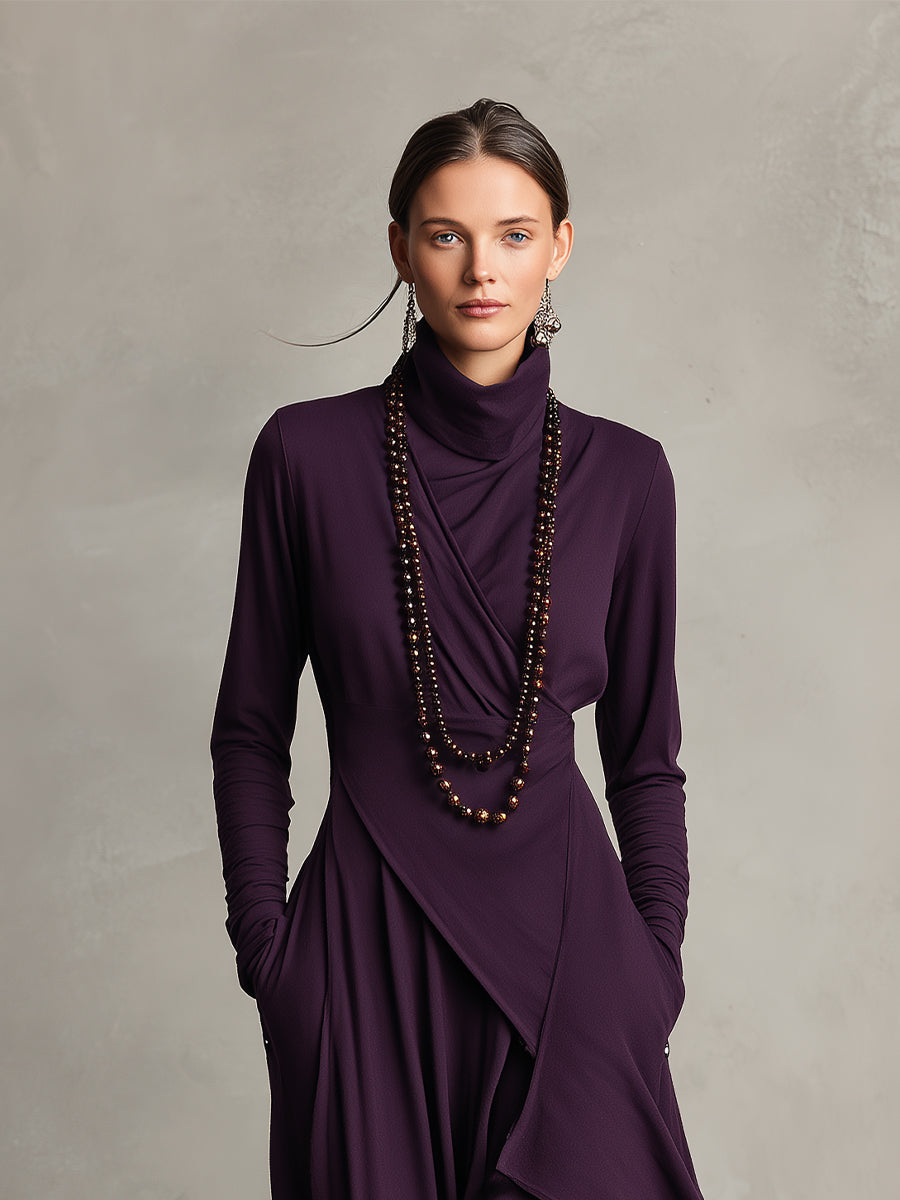 Édith - Robe Maxi Bohème en Coton à Col Montant et Drapé Asymétrique
