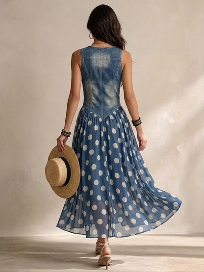 Gwenola - Robe Longue en Jean à Pois