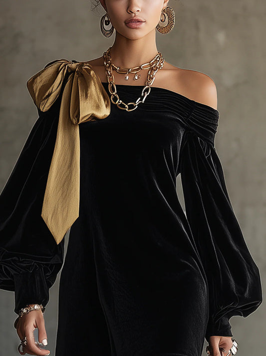 Ysaline | Mini Robe Épaules Dénudées en Velours Noir et Satin Doré Patchwork