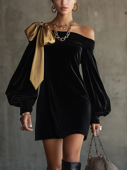 Ysaline | Mini Robe Épaules Dénudées en Velours Noir et Satin Doré Patchwork