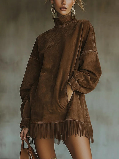 Mélie - Robe en Suédine à Col Montant et Franges