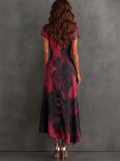 Honorée - Robe Midi Croisée à Imprimé Abstrait, Col V, Manches Courtes, Ceinture et Ourlet Asymétrique à Volant