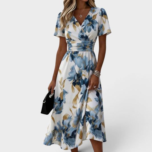 Éléa | Robe Midi Portefeuille Fleurie Dorée